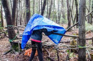 Building a shelter in the woods